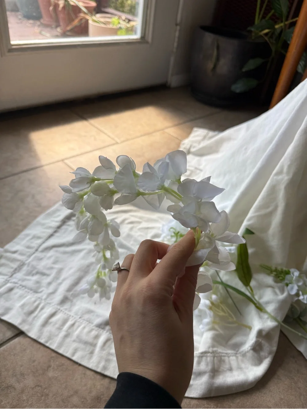 Wedding Supplies - White Table Cloth, Faux Florals, Floral Foam